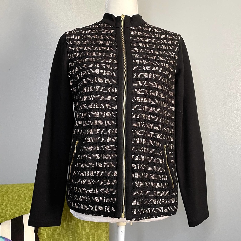 Chicos Zenergy Black Lace Striped Full Zip Up Moto Jacket 0 Small